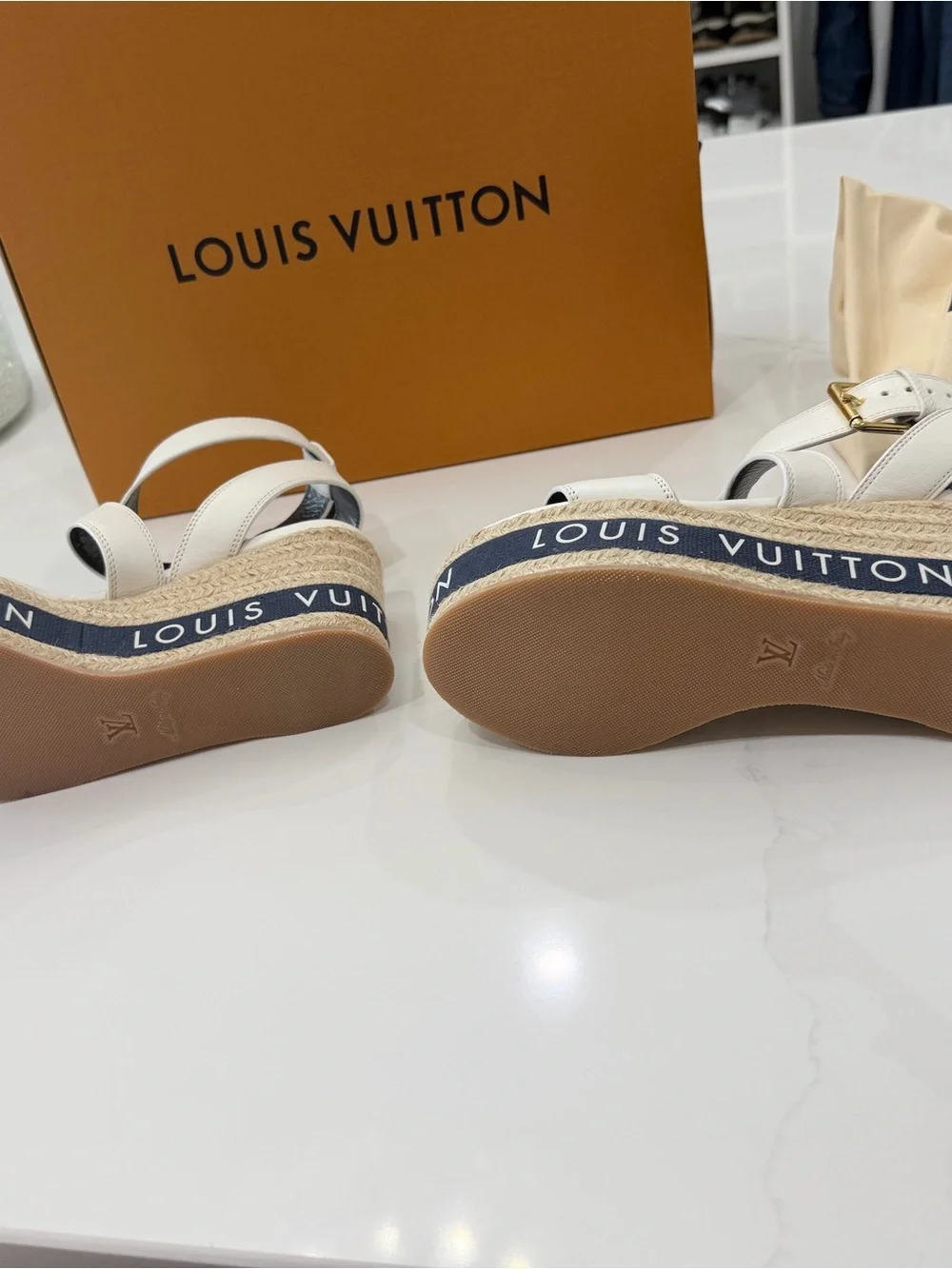 Louis Vuitton White Leather Espadrille Platform Wedges